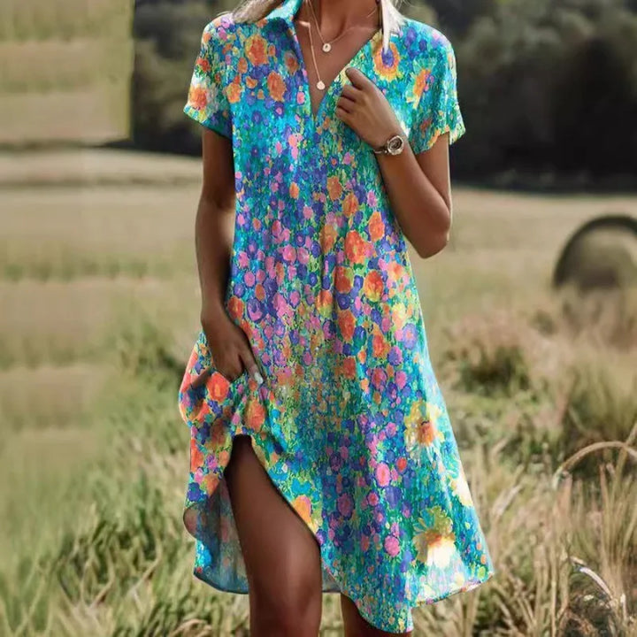 Floral Buttoned Dress with Stylish V-neck by Carla™