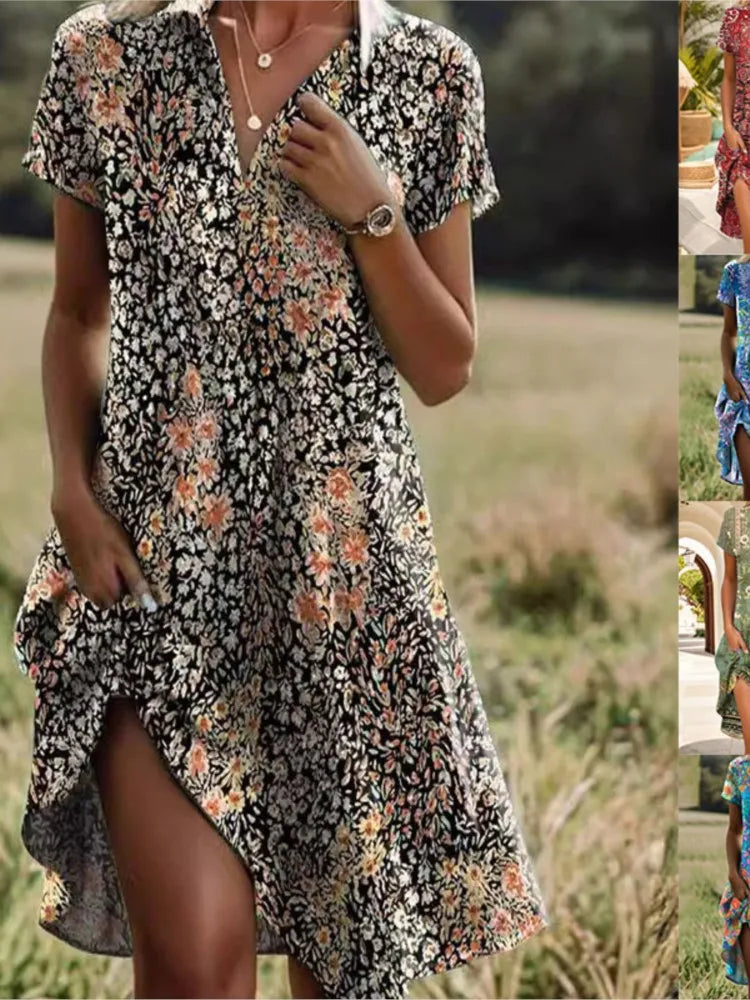 Floral Buttoned Dress with Stylish V-neck by Carla™