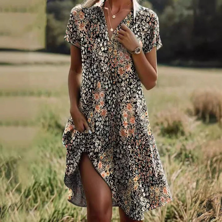 Floral Buttoned Dress with Stylish V-neck by Carla™
