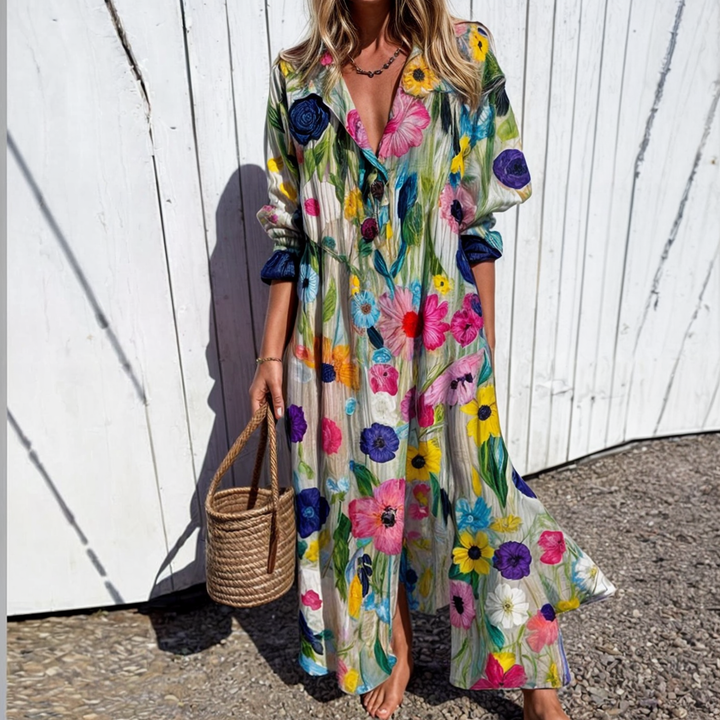Maxi Length Floral Dress with Buttons - Odessa