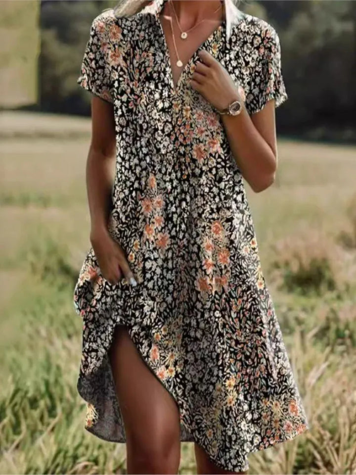 Floral Buttoned Dress with Stylish V-neck by Carla™