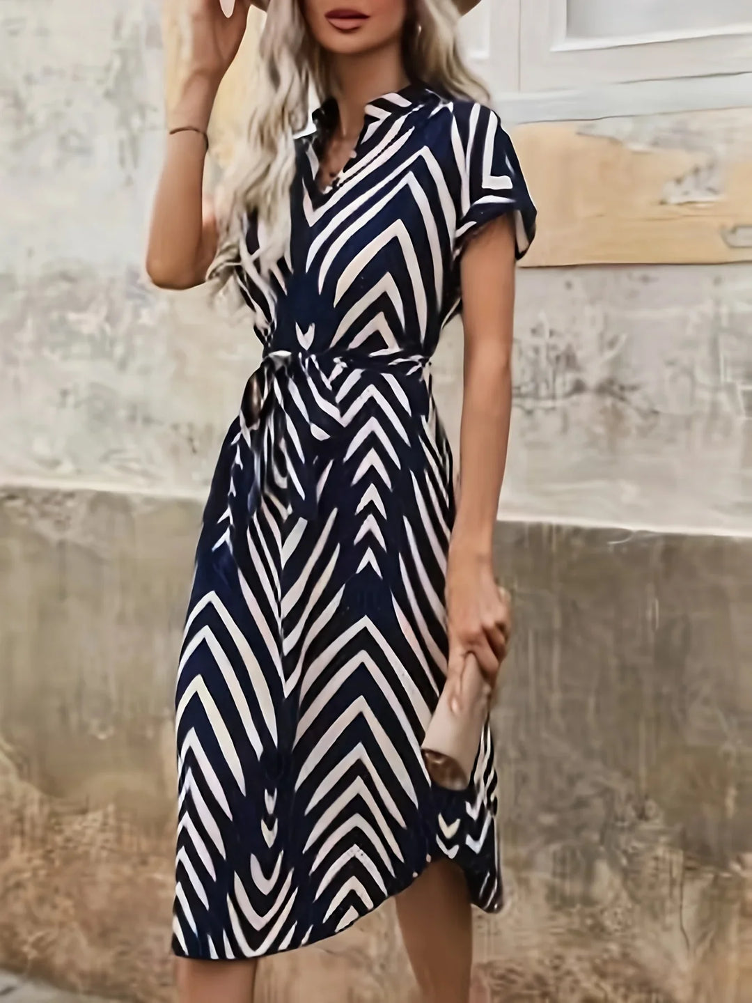Elly | Tie Belt Geometric Print Dress
