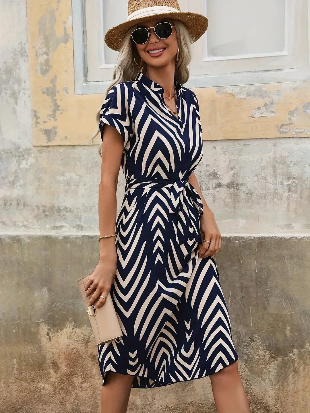 Elly | Tie Belt Geometric Print Dress