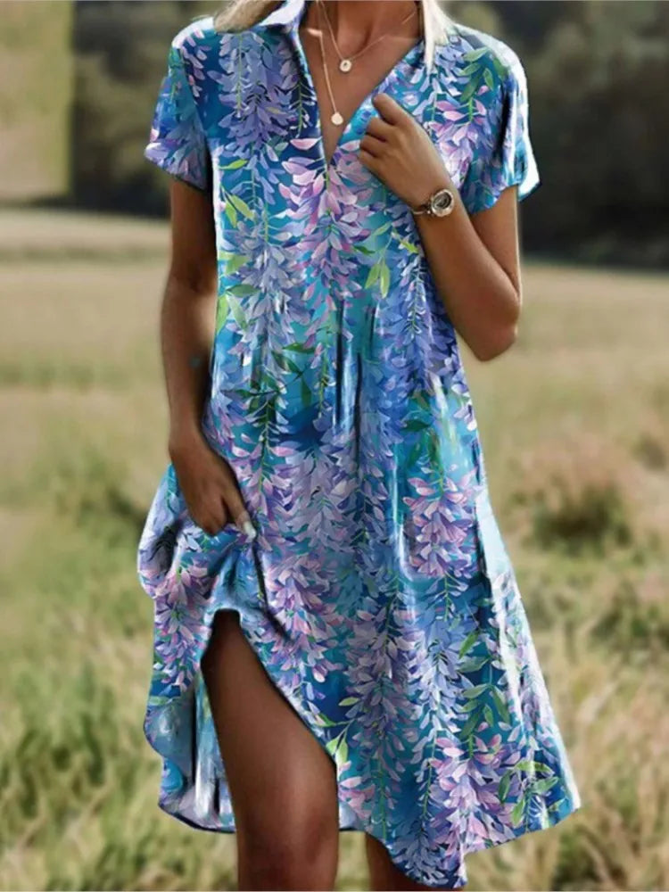 Floral Buttoned Dress with Stylish V-neck by Carla™