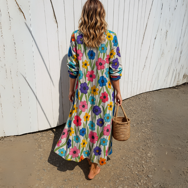Maxi Length Floral Dress with Buttons - Odessa