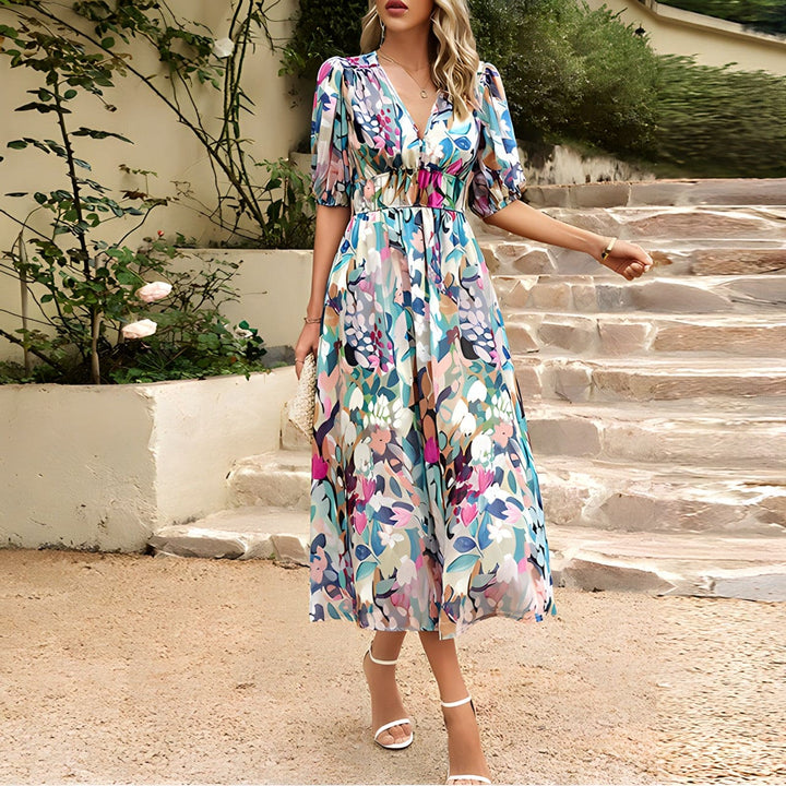 V-neck Printed Dress by Violetta™ - Casual Style