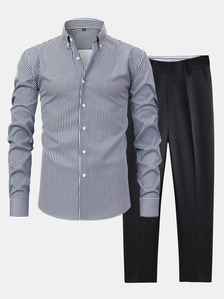 Slim Fit Tapered Pants & Striped Long Sleeve Button-Up Shirt
