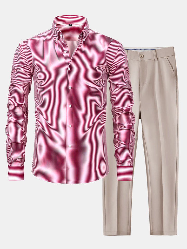 Slim Fit Tapered Pants & Striped Long Sleeve Button-Up Shirt