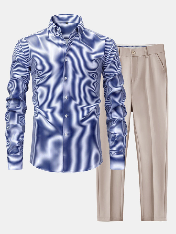 Slim Fit Tapered Pants & Striped Long Sleeve Button-Up Shirt