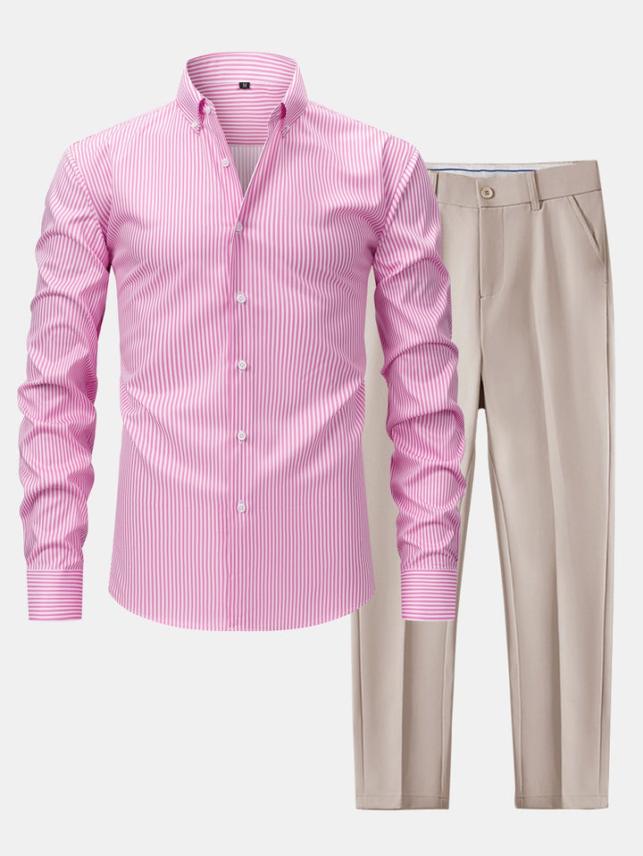 Slim Fit Tapered Pants & Striped Long Sleeve Button-Up Shirt