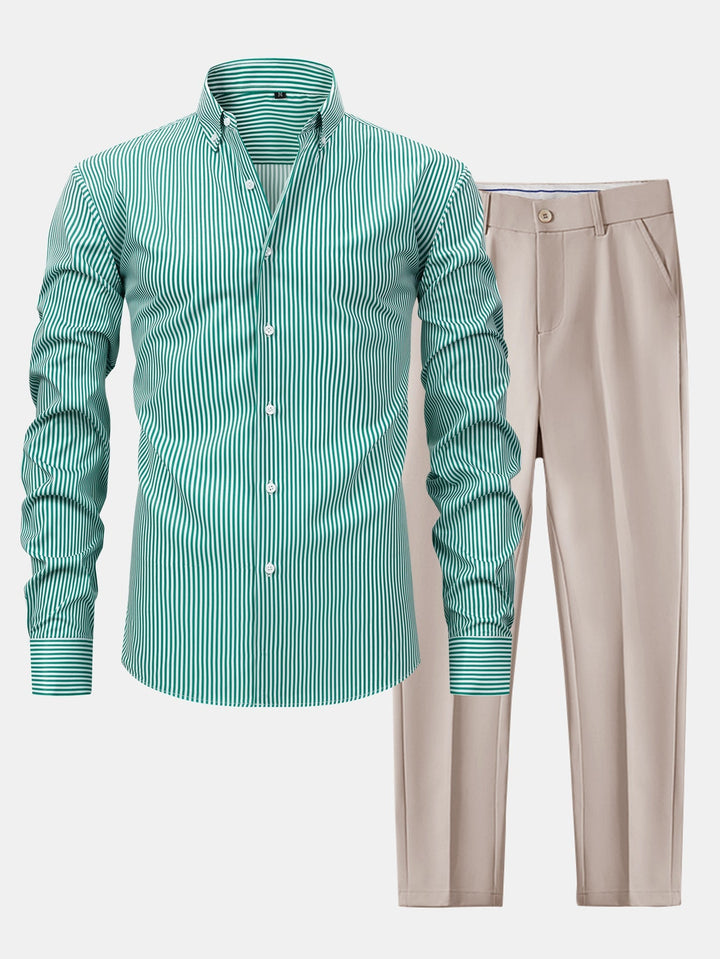 Slim Fit Tapered Pants & Striped Long Sleeve Button-Up Shirt