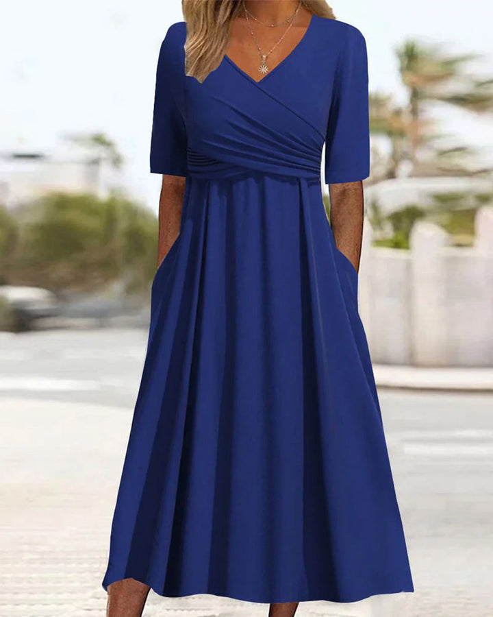 Short-Sleeved Crossover Dress in Cherry.