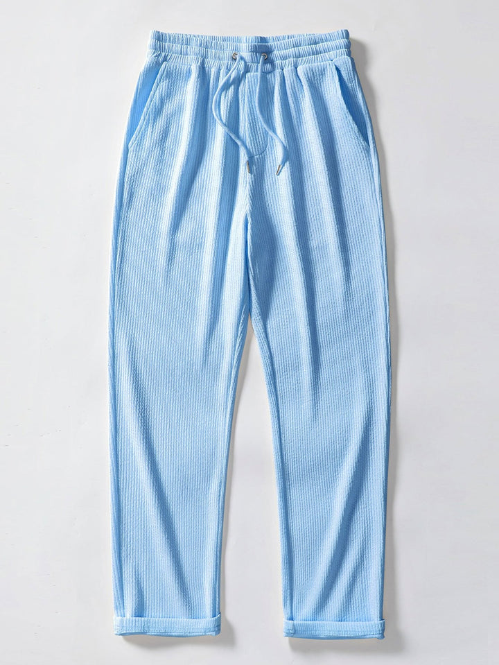 Ribbed Button-Up Shirt with Long Sleeves & Straight Leg Muscle Fit Pants