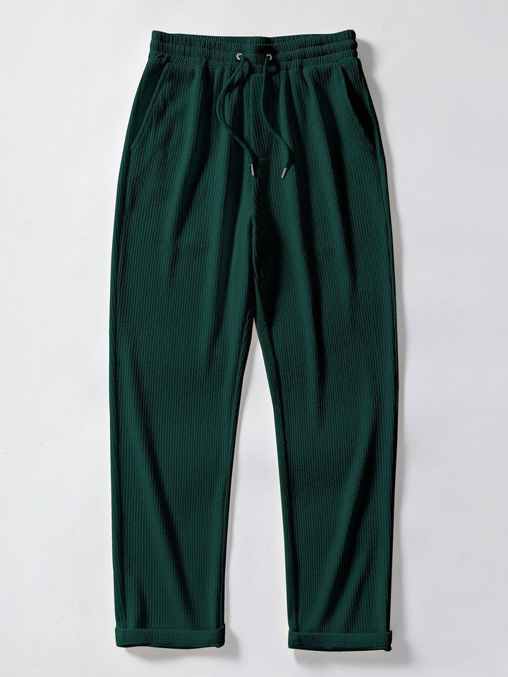 Ribbed Button-Up Shirt with Long Sleeves & Straight Leg Muscle Fit Pants