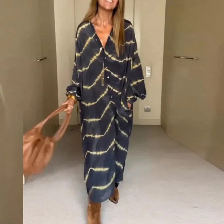 Lina™ - Striped Print Dress with Long Sleeves